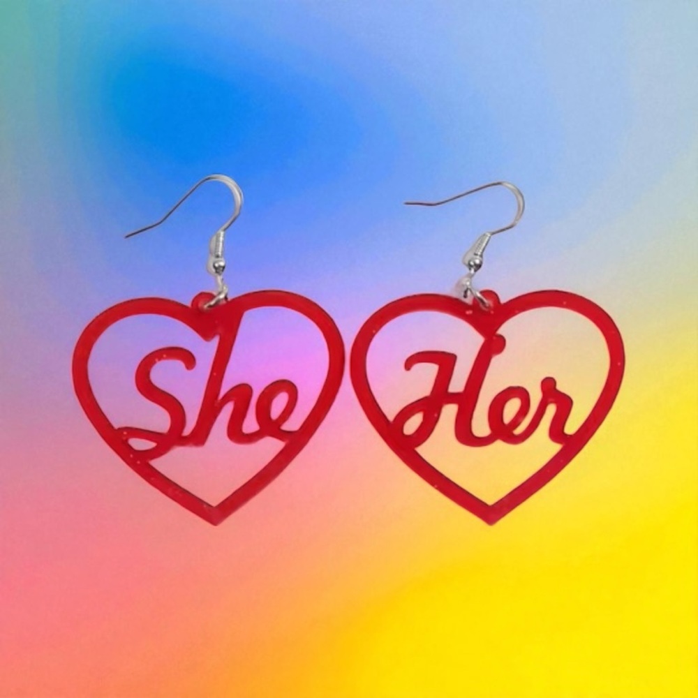 NWT Red Heart 'She/Her' Pronoun Kitschy Earrings